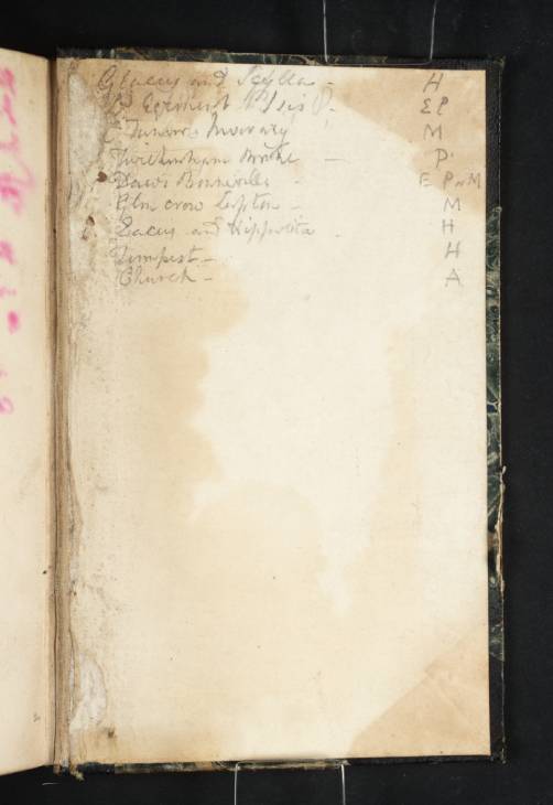 Joseph Mallord William Turner, ‘Inscription by Turner: A Draft List of Later 'Liber Studiorum' Subjects’ ?1815 (Inside back cover of sketchbook)