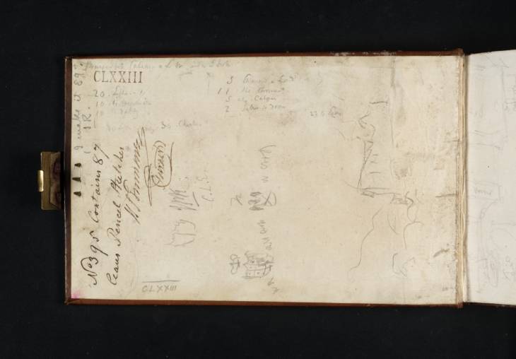 Joseph Mallord William Turner, ‘Inscriptions and Sketches by Turner’ 1819 (Inside front cover of sketchbook)