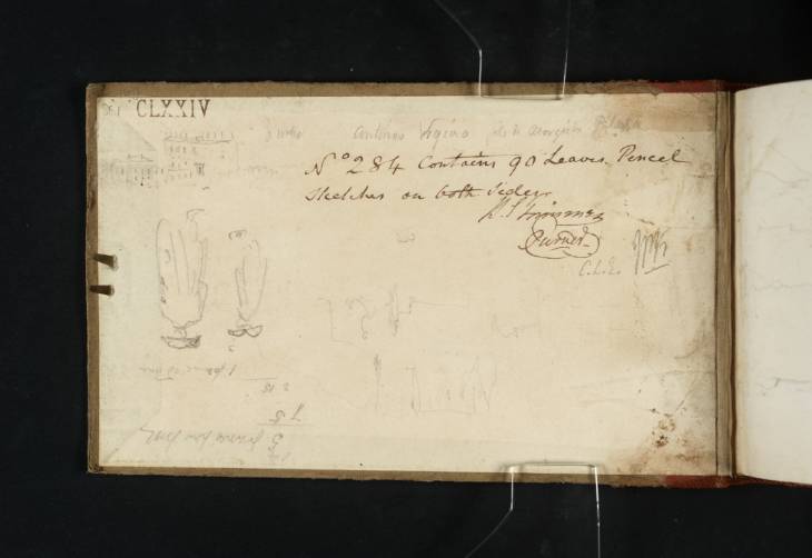 Joseph Mallord William Turner, ‘Two Studies of Buildings and Two Sketches of Man Wearing a Tricorn Hat; and Inscriptions by Turner’ 1819 (Inside front cover of sketchbook)