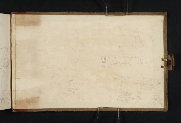 Joseph Mallord William Turner, ‘The Dogana, Santa Maria della Salute and Other Buildings around Venice; ?The Rocca of Ravaldino (or Caterina Sforza) at Forlì; Figures Including a Man on a Donkey’ 1819 (Inside back cover of sketchbook)