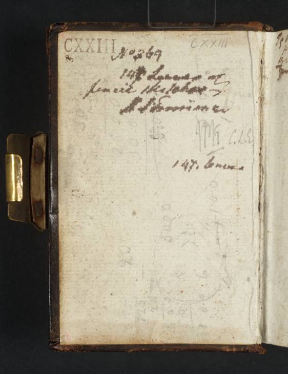 Joseph Mallord William Turner, ‘Inscriptions by Turner: Calculations; with a Grotesque Head, Perhaps Personifying Jealousy’ 1811 (Inside front cover of sketchbook)