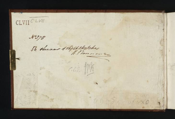 Joseph Mallord William Turner, ‘Inscriptions by Turner: Accounts and Words in an Unidentified Script’ 1817 (Inside front cover of sketchbook)