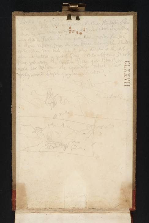 Joseph Mallord William Turner, ‘Notes by Turner 'Loreto to Recanati', and two slight landscape sketches’ 1819 (Inside front cover of sketchbook)