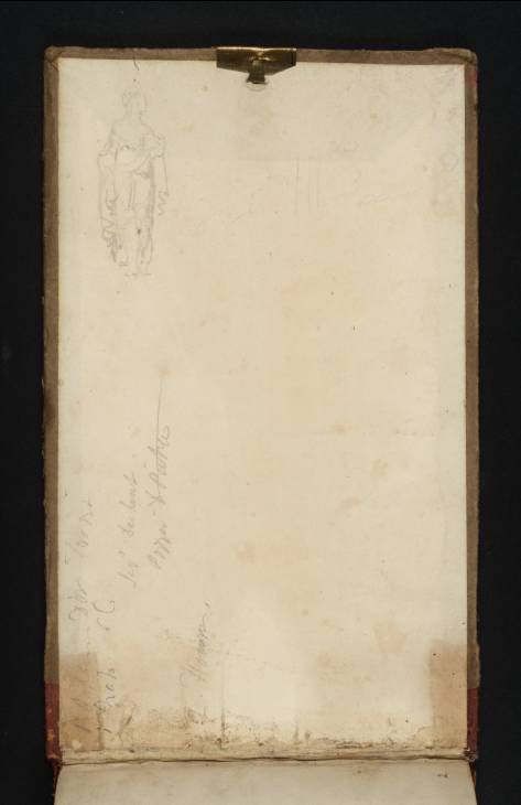 Joseph Mallord William Turner, ‘Sketch of a Classical Female Figure and Inscriptions by Turner’ 1819 (Inside back cover of sketchbook)