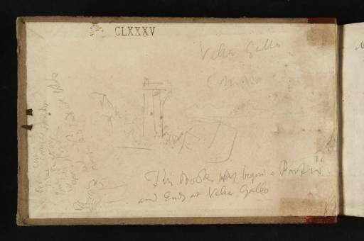 Joseph Mallord William Turner, ‘Sketch of ?Villa Gallo; and a Figure Study’ 1819 (Inside front cover of sketchbook)