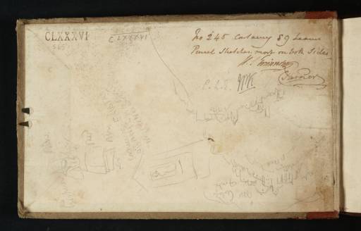 Joseph Mallord William Turner, ‘Sketches of an Italian Woman and a Roadside Altar; Also Two Views of a Hilltop Town ?near Fondi’ 1819 (Inside front cover of sketchbook)