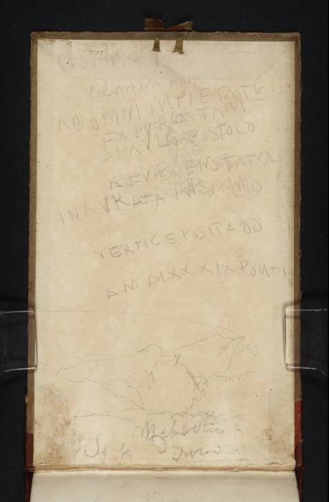 Joseph Mallord William Turner, ‘Part of the Inscription on the Base of the Column of Marcus Aurelius in Piazza Colonna, Rome; and a Sketch of Mountains’ 1819 (Inside back cover of sketchbook)