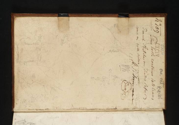 Joseph Mallord William Turner, ‘Sketches from the Simplon Pass Road, Including a View of the Village of Simplon from the North-West’ 1819 (Inside front cover of sketchbook)
