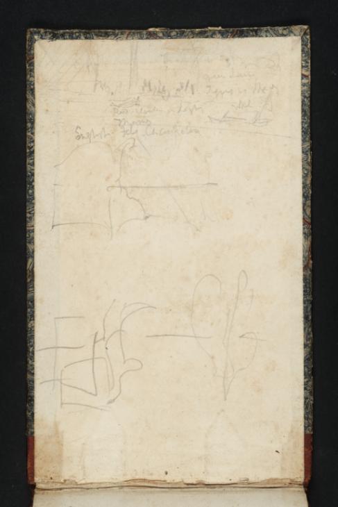 Joseph Mallord William Turner, ‘A Party of Figures among Trees by the River Thames; Studies of Billowing Sails’ 1823-4 (Inside back cover of sketchbook)