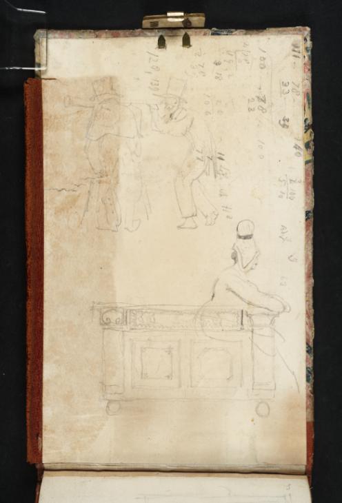 Joseph Mallord William Turner, ‘Chest at Farnley; Seated Woman; Two Men with a Telescope; and Inscriptions’ 1821 (Inside back cover of sketchbook)