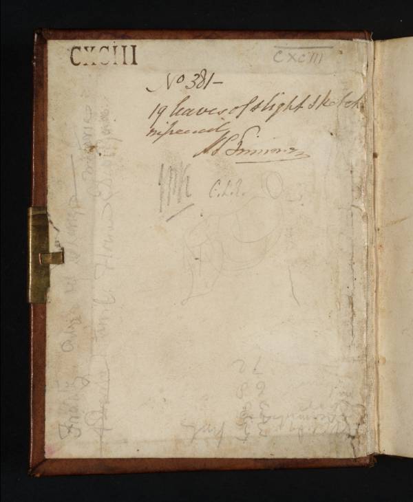 Joseph Mallord William Turner, ‘Inscriptions by Turner’ 1819 (Inside front cover of sketchbook)