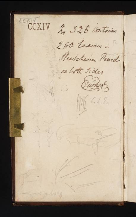Joseph Mallord William Turner, ‘Ducks on a River, with Buildings on the Skyline, Perhaps near Bruges; ?Studies of Barges’ 1825 (Inside front cover of sketchbook)