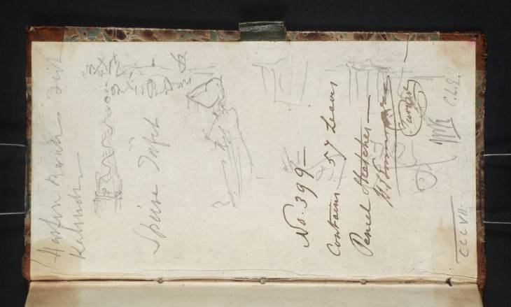 Joseph Mallord William Turner, ‘Sketches, Including One of the Spire of the Church of Our Saviour, Copenhagen; German Words’ 1835 (Inside back cover of sketchbook)