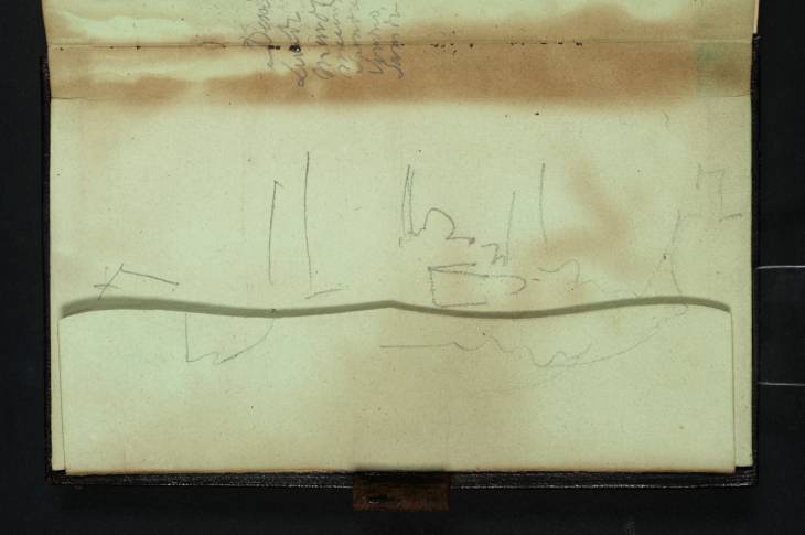 Joseph Mallord William Turner, ‘Moored Sailing Boats at Venice, with a Distant Dome and Campanile, Perhaps San Giorgio Maggiore across the Bacino from the Dogana’ 1840 (Inside back cover of sketchbook)