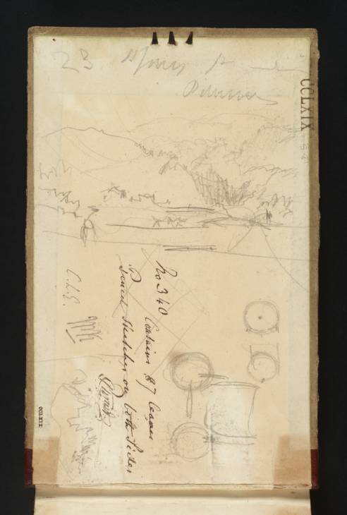 Joseph Mallord William Turner, ‘Sketches and Inscriptions: Castle Campbell; Diagrams; 23 St James's Place’ 1834 (Inside front cover of sketchbook)