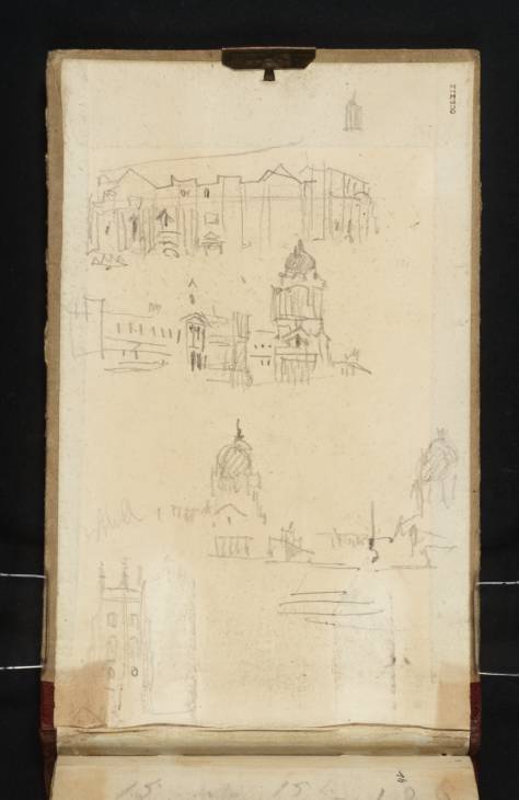 Joseph Mallord William Turner, ‘?Bank of Scotland, Edinburgh; and Bothwell Church’ 1834 (Inside back cover of sketchbook)