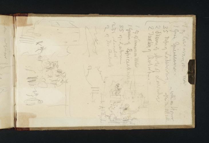 Joseph Mallord William Turner, ‘Recipe for a Cure; Grouped Figures and Coastal Architecture’ ?1832 (Inside back cover of sketchbook)
