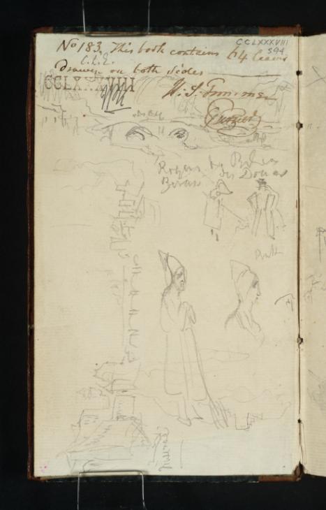 Joseph Mallord William Turner, ‘Bridge and Hills; Two Figures; Woman with a Broom, with a Repetition of her Head; Four-Arched Bridge and Fortifications’ 1839 (Inside front cover of sketchbook)