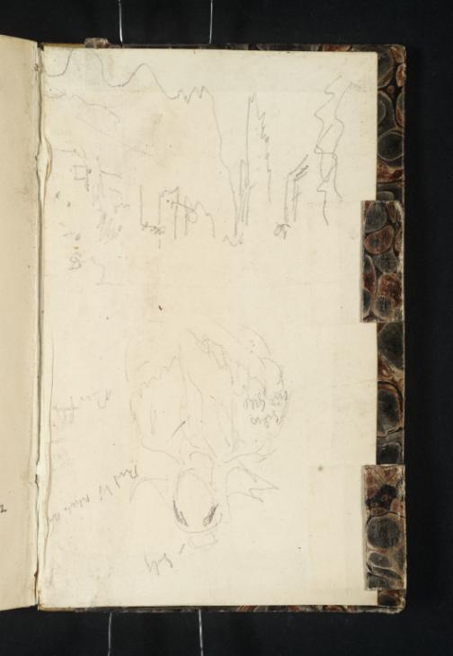 Joseph Mallord William Turner, ‘The Roche à Bayard, Looking Upstream from the Dinant Road; A Belgian Woman’ 1834 (Inside back cover of sketchbook)