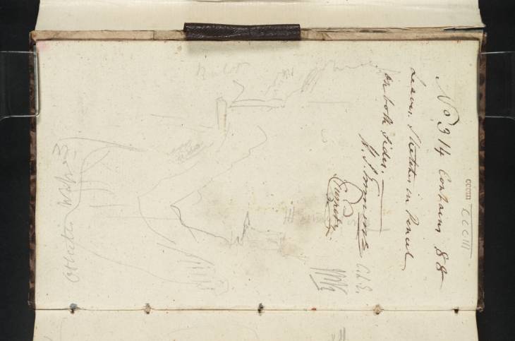 Joseph Mallord William Turner, ‘?A River Valley with a Spire and Tower; a Profile of Hills’ 1840 (Inside front cover of sketchbook)