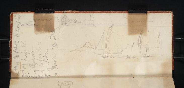 Joseph Mallord William Turner, ‘Waterside Buildings and Shipping, ?Kent; Recipe’ 1832 (Inside back cover of sketchbook)