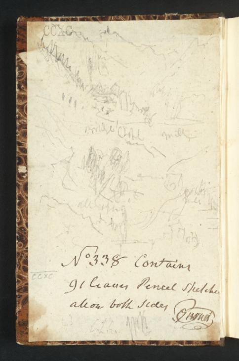 Joseph Mallord William Turner, ‘Two Views of the Moselle or Rhine Valley and Mountains’ 1839 (Inside front cover of sketchbook)