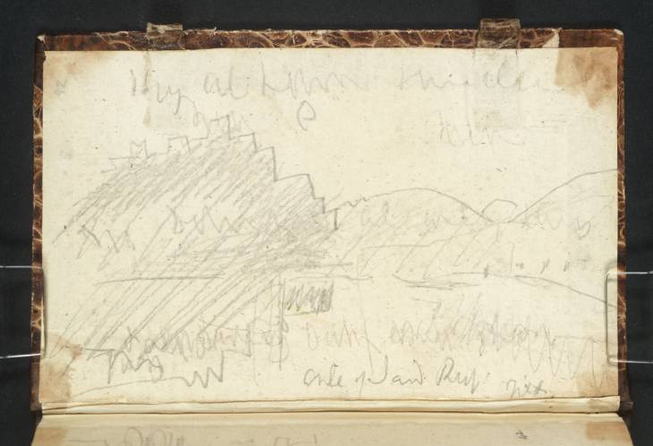 Joseph Mallord William Turner, ‘River and Fort (Probably Ehrenbreitstein)’ 1839 (Inside back cover of sketchbook)