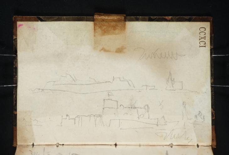 Joseph Mallord William Turner, ‘A Walled Harbour, ?Ostend’ 1839 (Inside front cover of sketchbook)