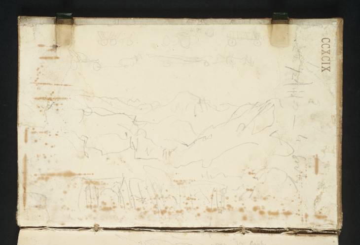 Joseph Mallord William Turner, ‘Mountains; Studies of Horses, Carts, ?a Carriage and a Timber Waggon’ 1840 (Inside front cover of sketchbook)