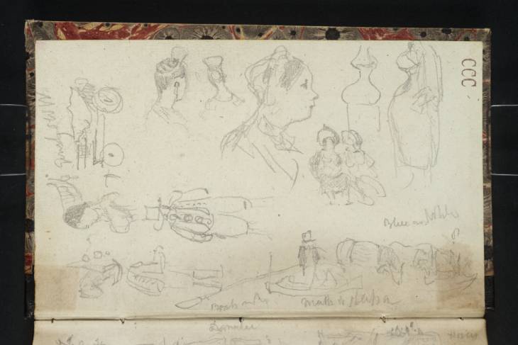 Joseph Mallord William Turner, ‘Women's Heads; Two Seated Figures; A Cart; Two Men; A Boat; A Spire’ 1833 (Inside front cover of sketchbook)
