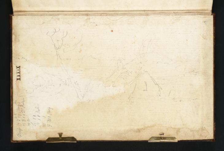 Joseph Mallord William Turner, ‘A Bay with Surrounding Mountains, a Church and Tree in the Foreground’ 1798 (Inside front cover of sketchbook)