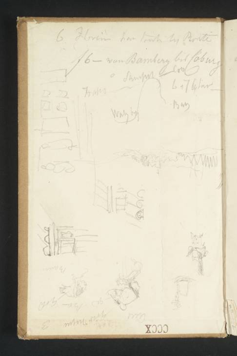 Joseph Mallord William Turner, ‘A Sketch Map of Part of the River Main; an Interior Wall of the Walhalla, at Donaustauf near Regensburg; Schloss Rosenau, near Coburg; Details of a Classical Roof; Studies of Headdresses’ 1840 (Inside front cover of sketchbook)