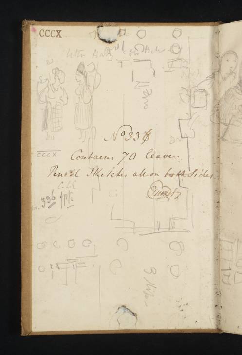 Joseph Mallord William Turner, ‘The Ground Plan of the Interior of the Walhalla, at Donaustauf near Regensburg; Two Women at Hals’ 1840 (Inside back cover of sketchbook)