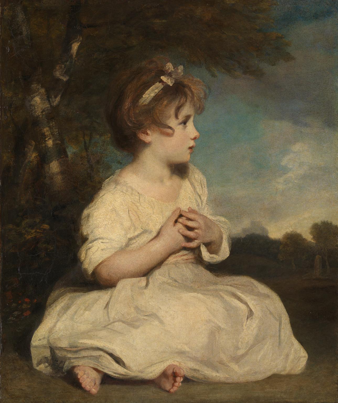 The Age of Innocence (painting) by Joshua Reynolds (1788)  A young girl in a white dress underneath a tree looking to the right