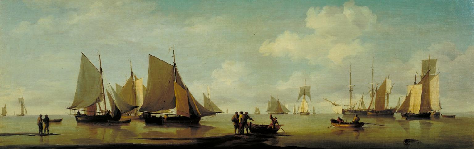 Fishing Smacks Becalmed near a Shore