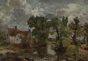 The Mill Stream. Verso: Night Scene with Bridge