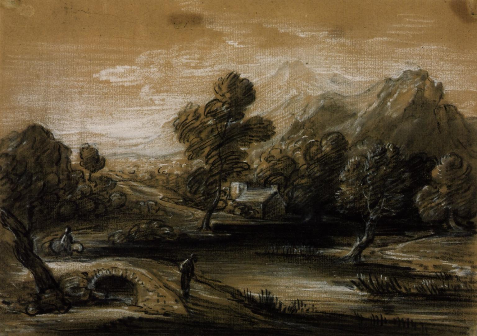 Wooded Mountain Landscape with Figures, Church and River