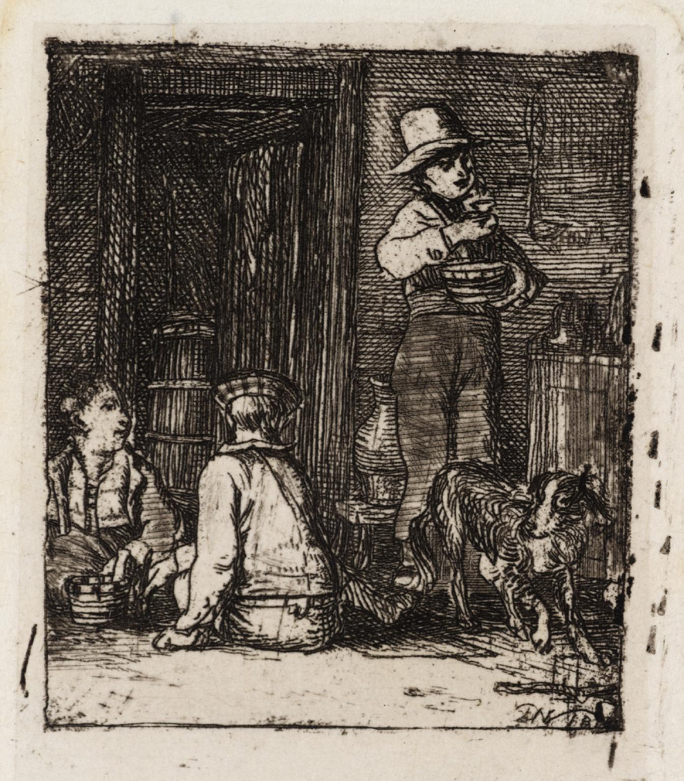 Interior with Three Boys and a Dog