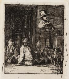 Interior with Three Boys and a Dog