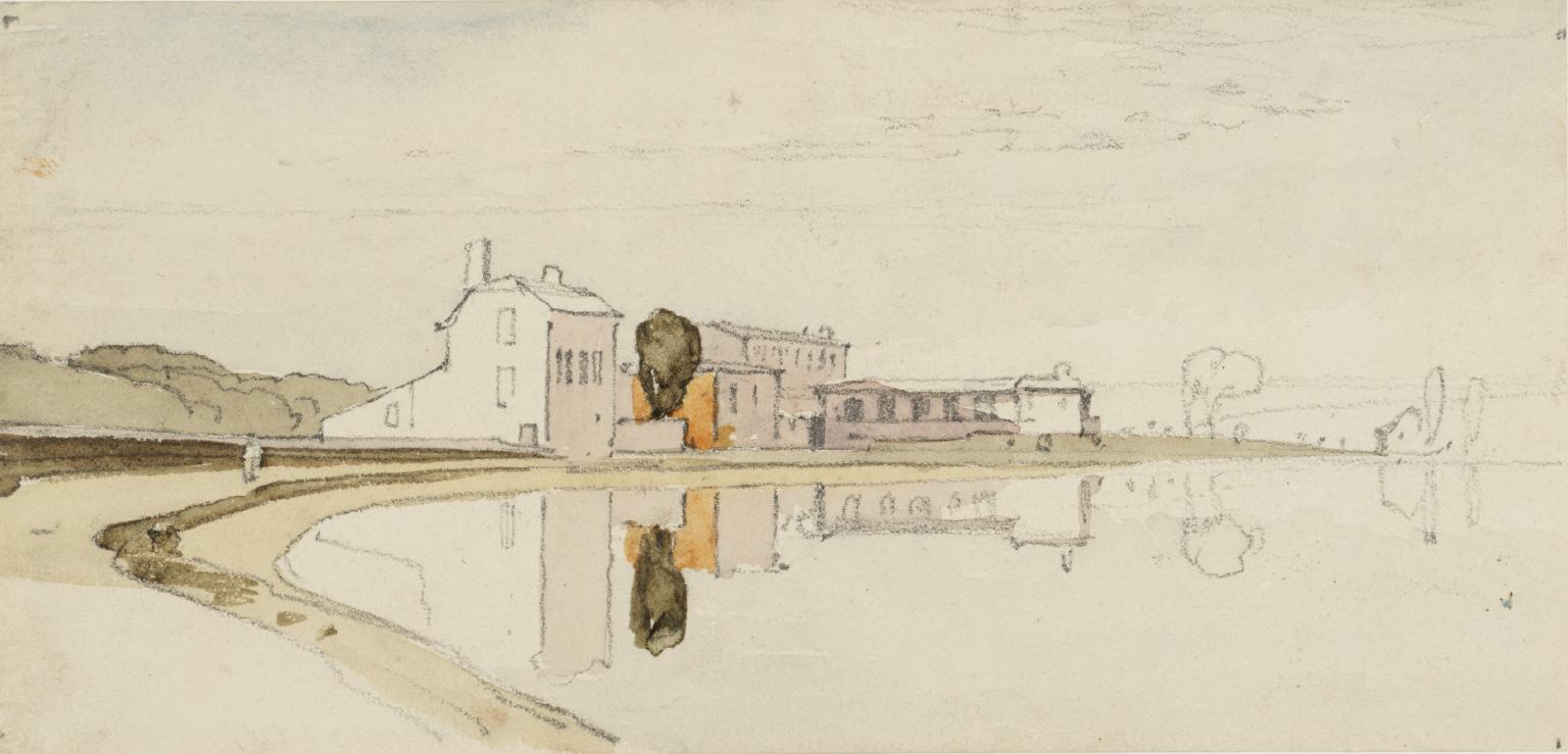 Lake or River Bank, with Houses