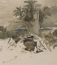 Arch, Palms, and Shed