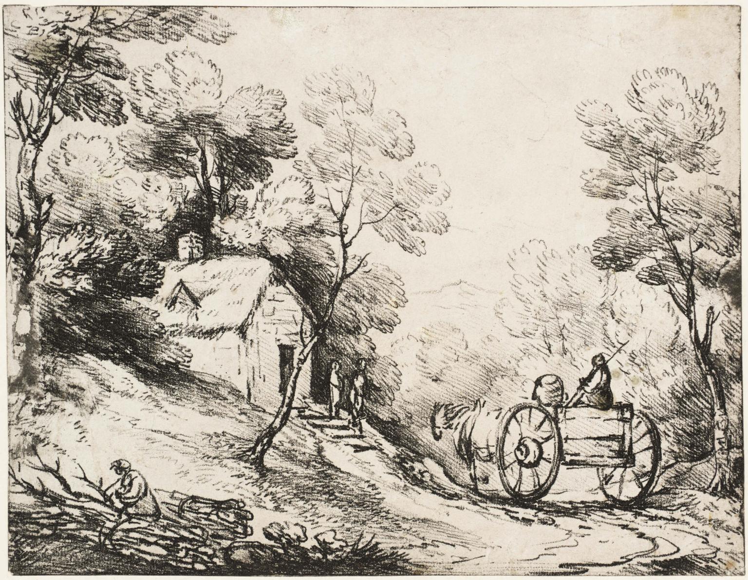 Wooded Landscape with Country Cart, Cottage and Figures