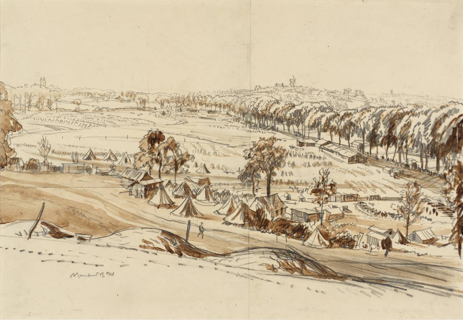 A View in Flanders behind the Lines, Showing Locre and the Tops of Dug-Outs on the Scherpenber