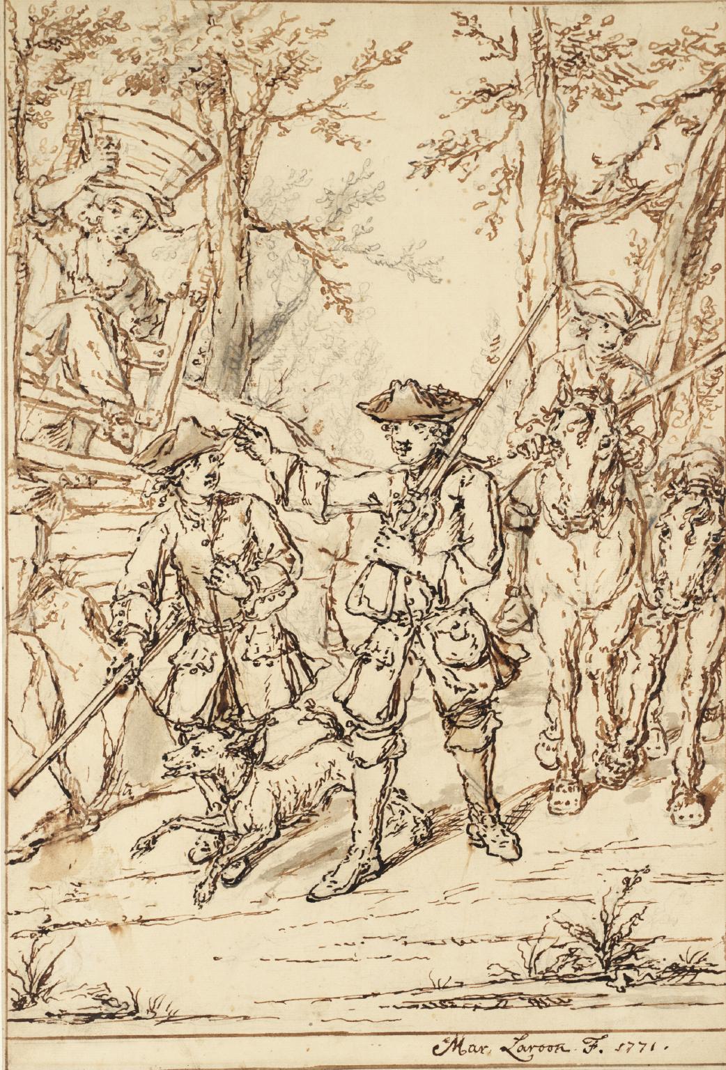 Two Gentlemen Going Shooting with a Dog and a Groom with Two Shooting Ponies