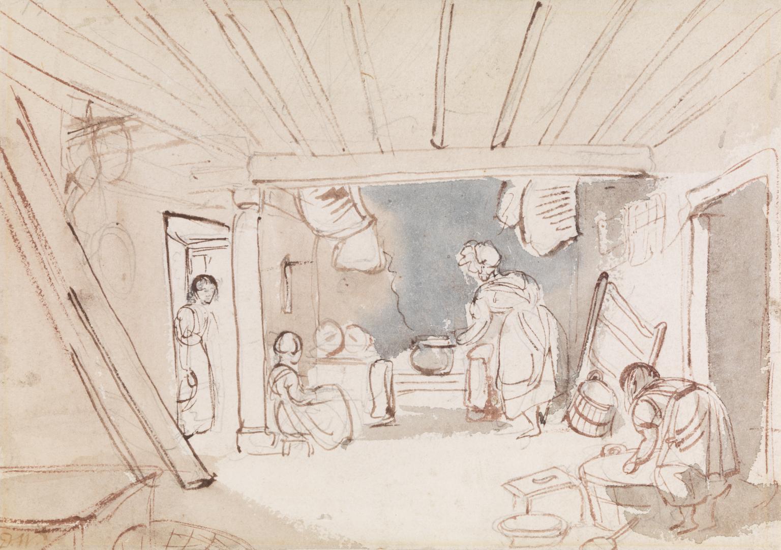Sketch of a Cottage Interior with Figures