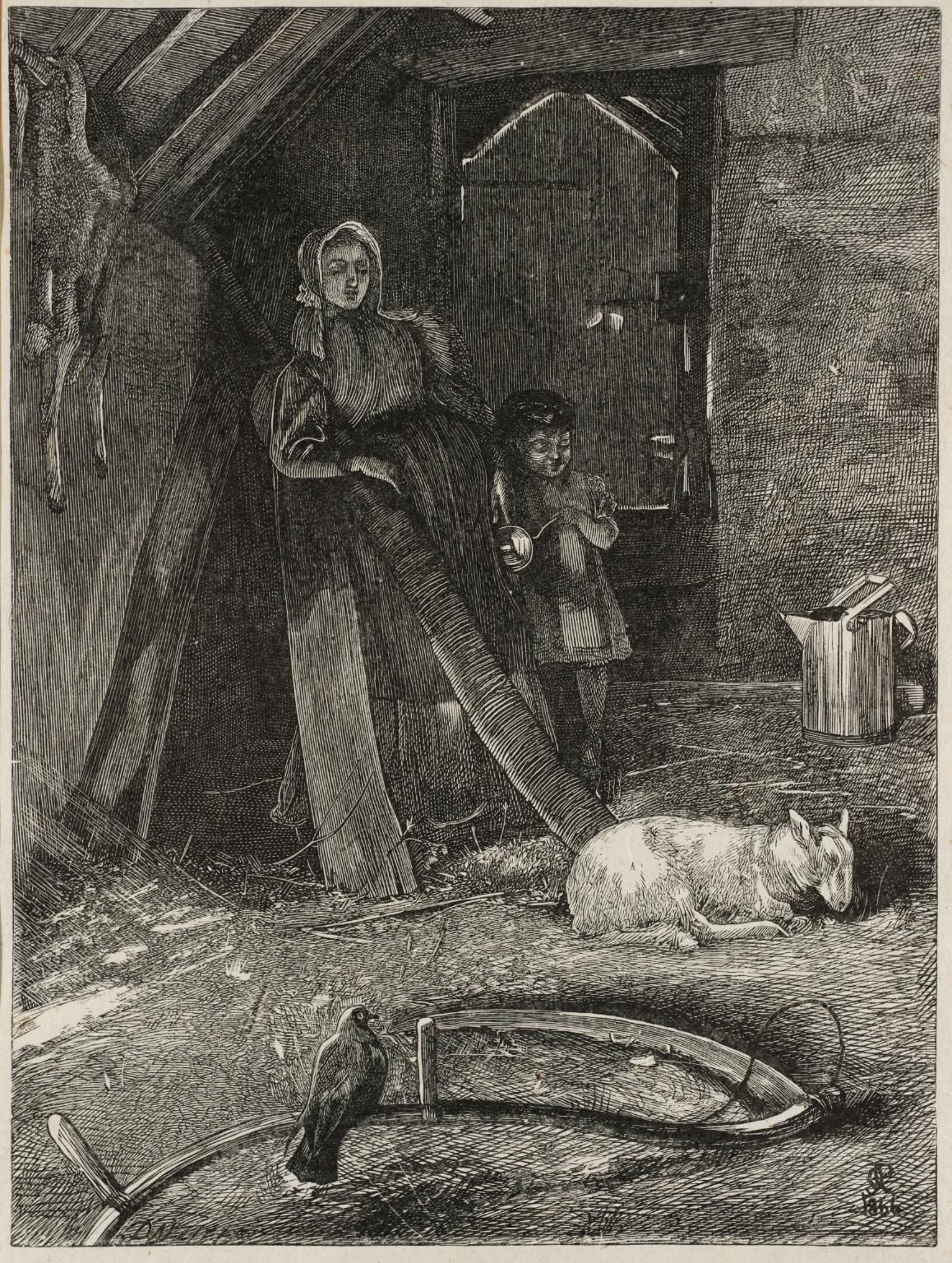 Interior of a Barn with Figures and a Lamb, engraved by the Dalziel Brothers