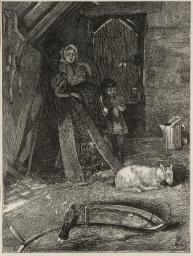 Interior of a Barn with Figures and a Lamb, engraved by the Dalziel Brothers