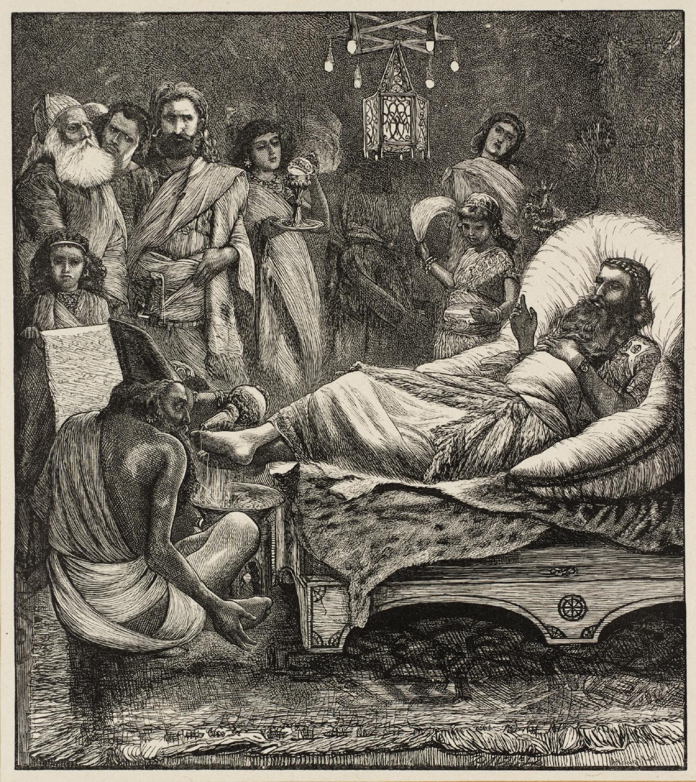 The Chronicles being Read to the King, engraved by the Dalziel Brothers