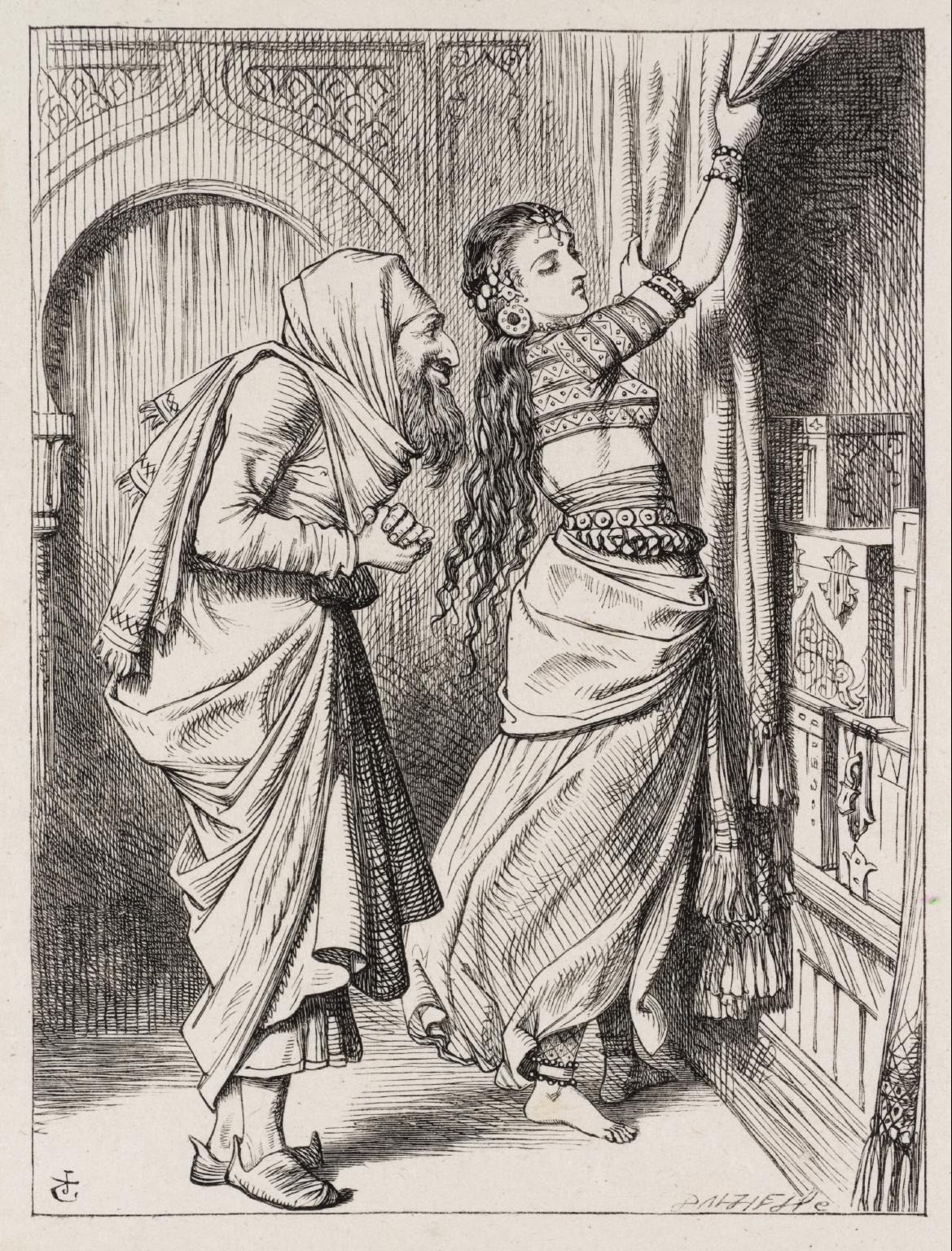 The Lady Shows Alnaschar the Hidden Treasure, engraved by the Dalziel Brothers
