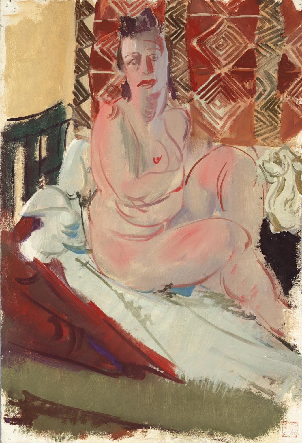 A Model Seated on a Bed. Verso: Nude Figures in a Room